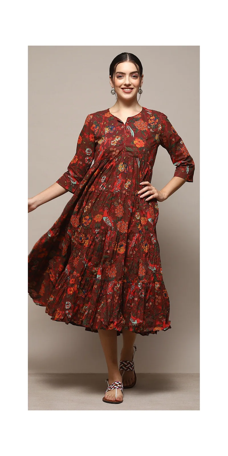 Green & Maroon Cotton Flared Printed Dress