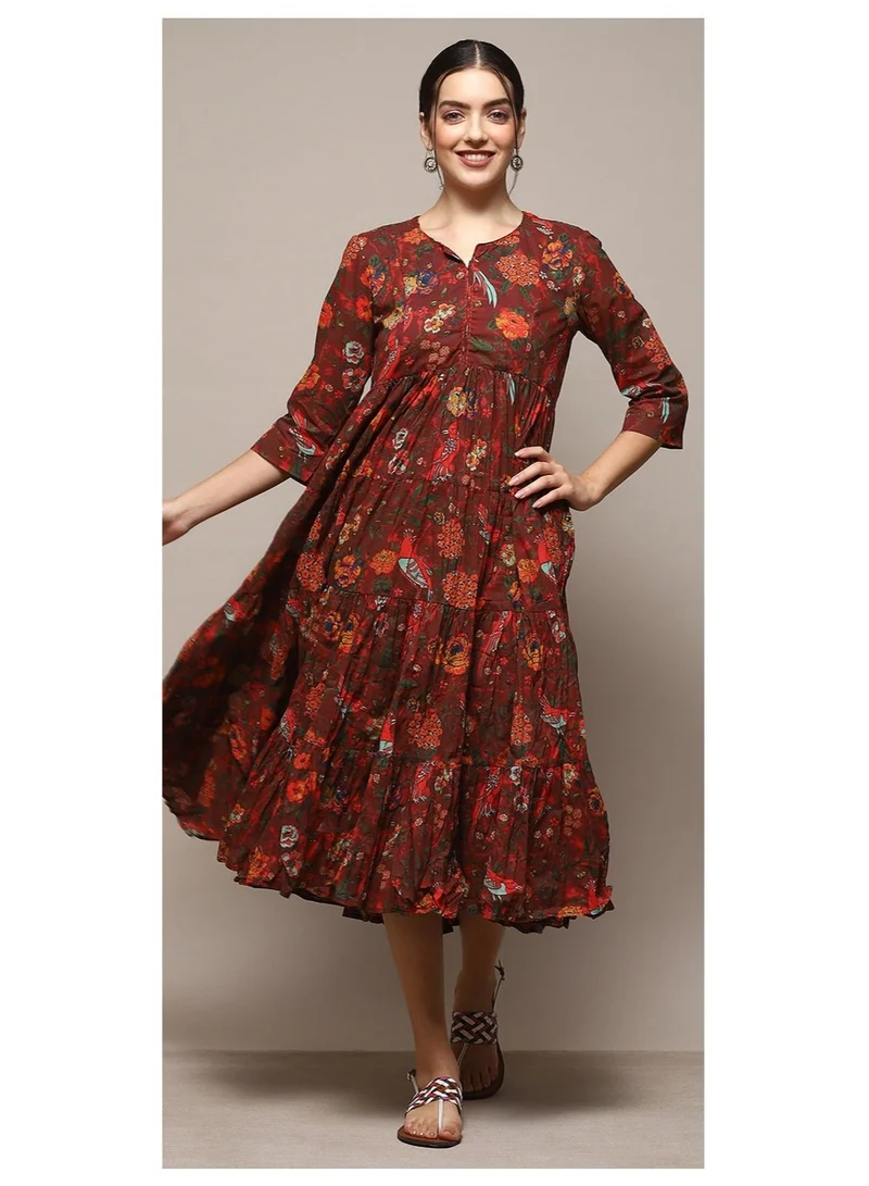 Biba Green & Maroon Cotton Flared Printed Dress