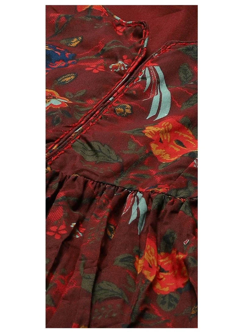 Biba Green & Maroon Cotton Flared Printed Dress