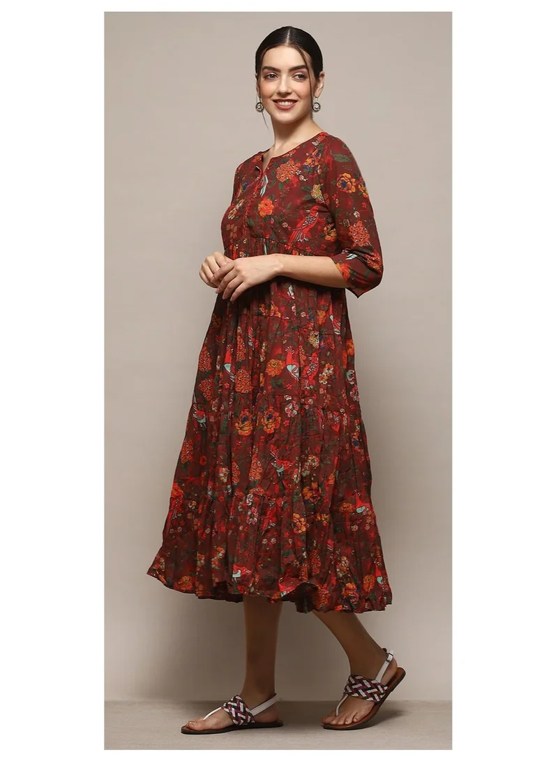 Biba Maroon Green & Maroon Cotton Flared Printed Dress for Women | Best Price UAE