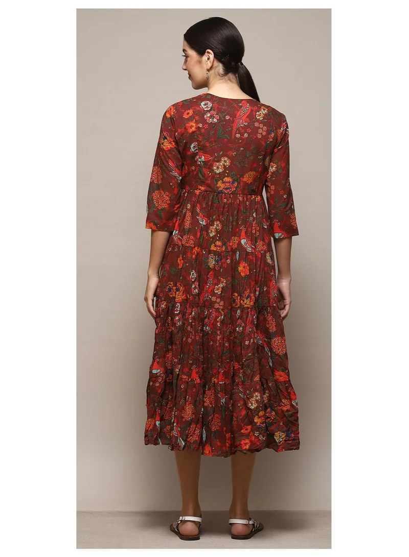 Biba Maroon Green & Maroon Cotton Flared Printed Dress for Women | Best Price UAE