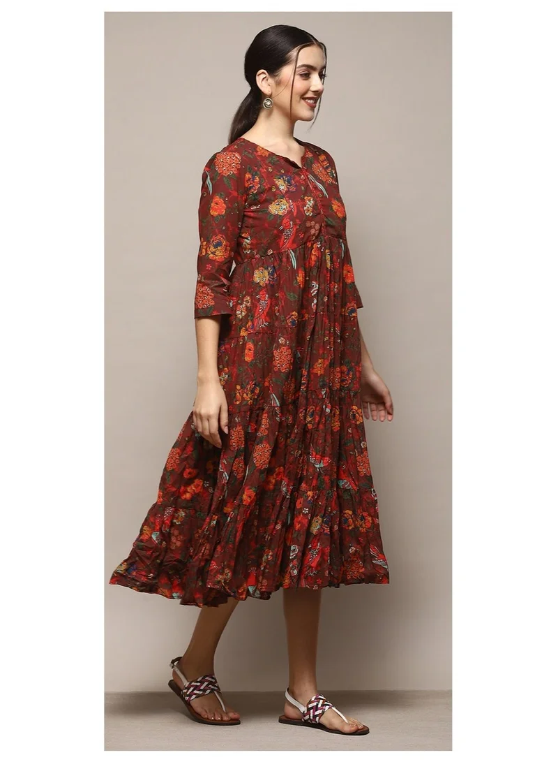 Biba Maroon Green & Maroon Cotton Flared Printed Dress for Women | Best Price UAE