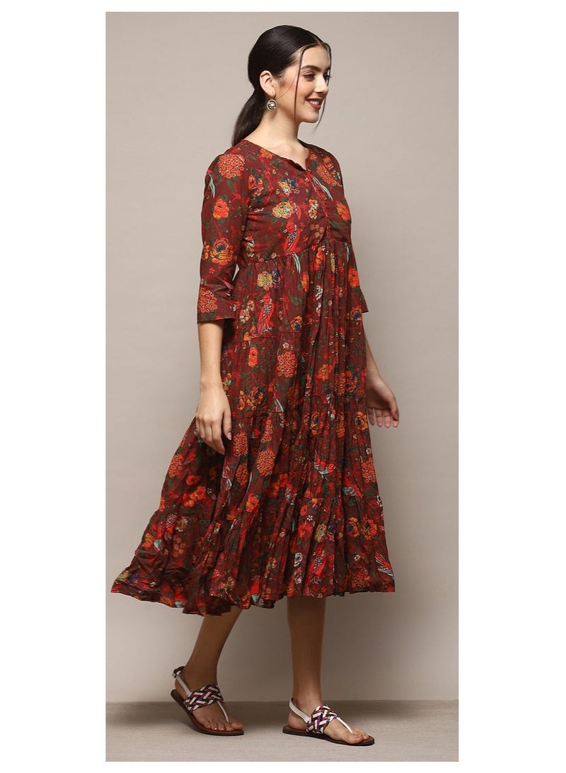 بيبا فستان مطبوع باللون الأخضر والمارون القطني الفاتح - Image 5