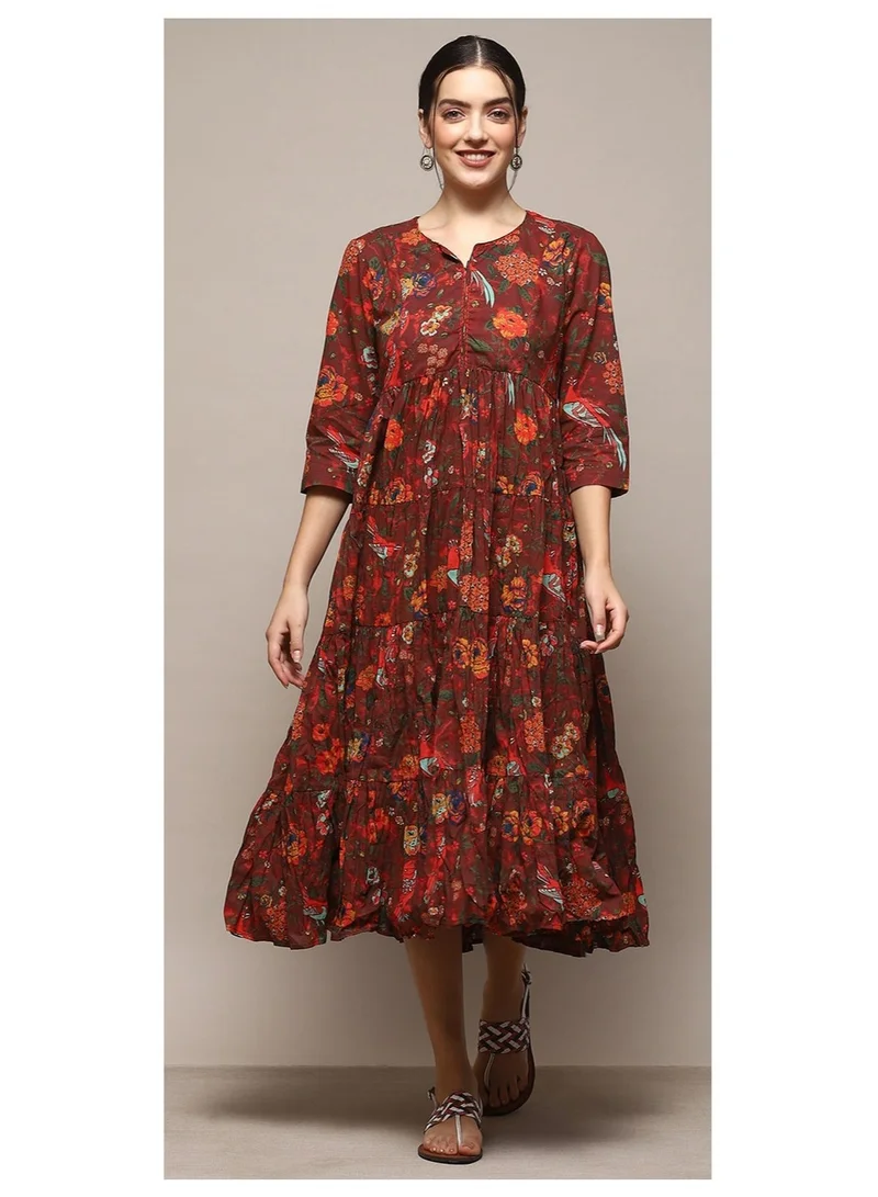 Biba Maroon Green & Maroon Cotton Flared Printed Dress for Women | Best Price UAE