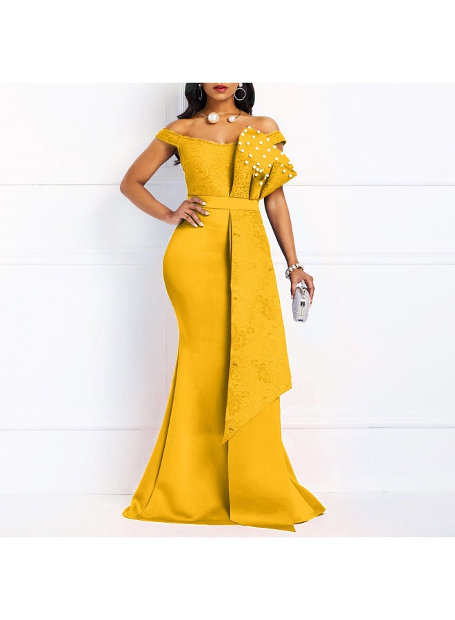 2024 Spring And Summer Cross-border INS Irregular Lace Off-neck Handmade Lotus Leaf Beaded Slim Fit Dress Women 