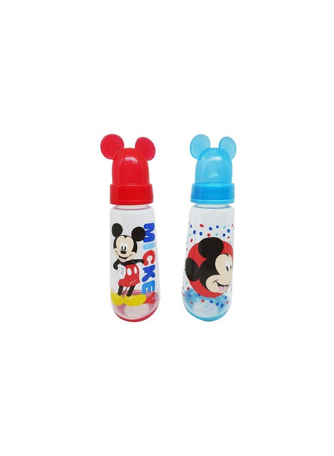 Disney Cudlie Mickey Mouse Baby Boy 2 Pack of 9 Oz Bottles with Removeable Character Molded Lid in Baby Mickey Star Print in Red & Blue - Image 1
