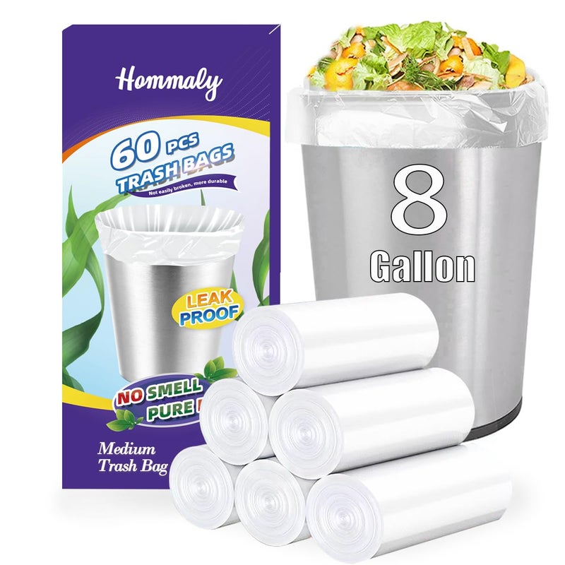 HOMMALY 8 Gallon 60pcs Medium Clear Trash Bags Strong Clear Garbage Bags, Bathroom Trash Can Bin Liners, Plastic Bags for Office Home Kitchen, Waste Basket Liner, Fit 30 Liter, 7,8 Gal(8G60-Clear) - Image 1