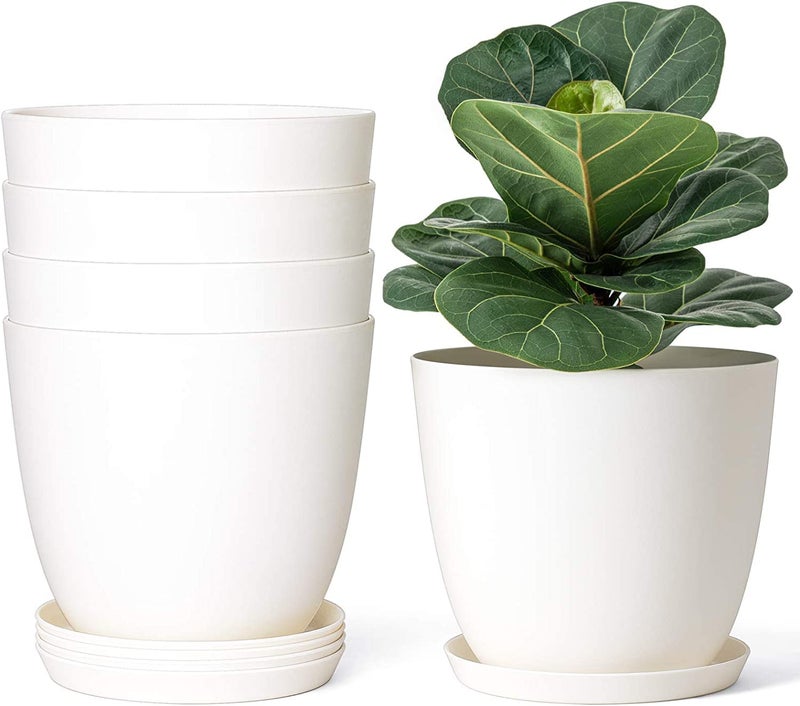 Tim Tim Agro 10" Plastic Plant Pots for Plants with Saucers, Indoor Set of 5 Planters Modern Flower Pot with Drainage Hole for All House Plants, Herbs, Flowers, and Seeding Nursery, Cream White. - Image 1