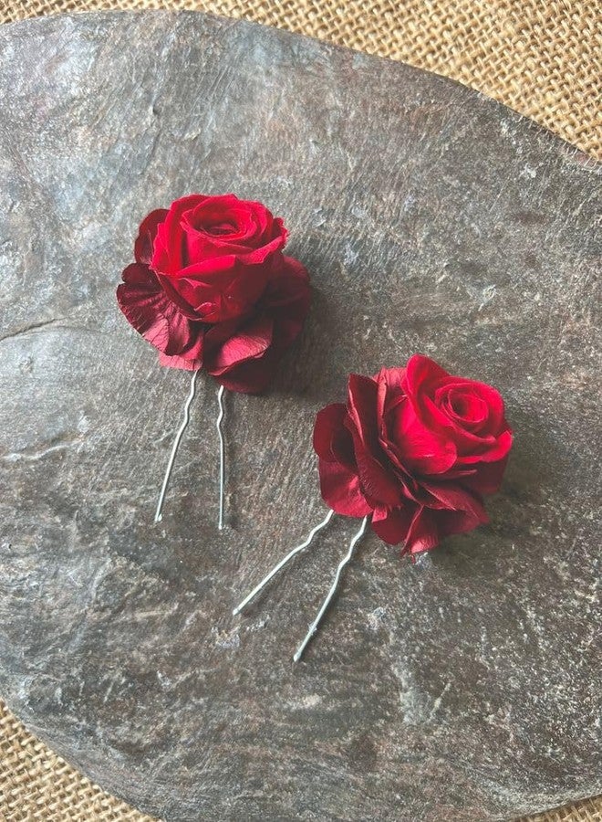 RR Crafts Handmade Artificial Red Rose Flower Bride Tiktok Hairpin Red Velvet Rose Hairpin for Girls and Women (Pack of 2) - Image 4