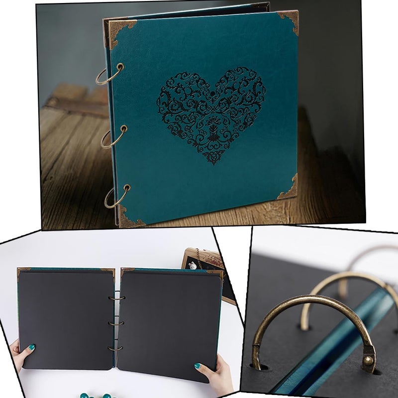 ADVcer Photo Album DIY Scrapbook, 10x10 inch 50 Pages Vintage Leather Cover Three-Ring Binder Love Picture Booth Albums with 408pcs Self Adhesive Photos Corners for Memory Keep, Heart (Jasper Green) - Image 2
