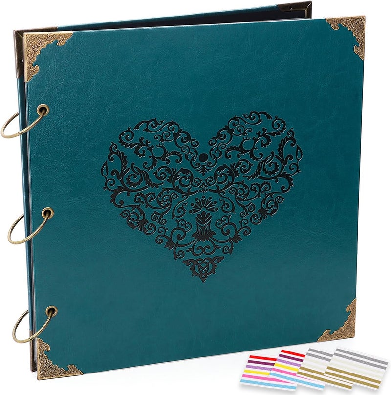 ADVcer Photo Album DIY Scrapbook, 10x10 inch 50 Pages Vintage Leather Cover Three-Ring Binder Love Picture Booth Albums with 408pcs Self Adhesive Photos Corners for Memory Keep, Heart (Jasper Green) - Image 1