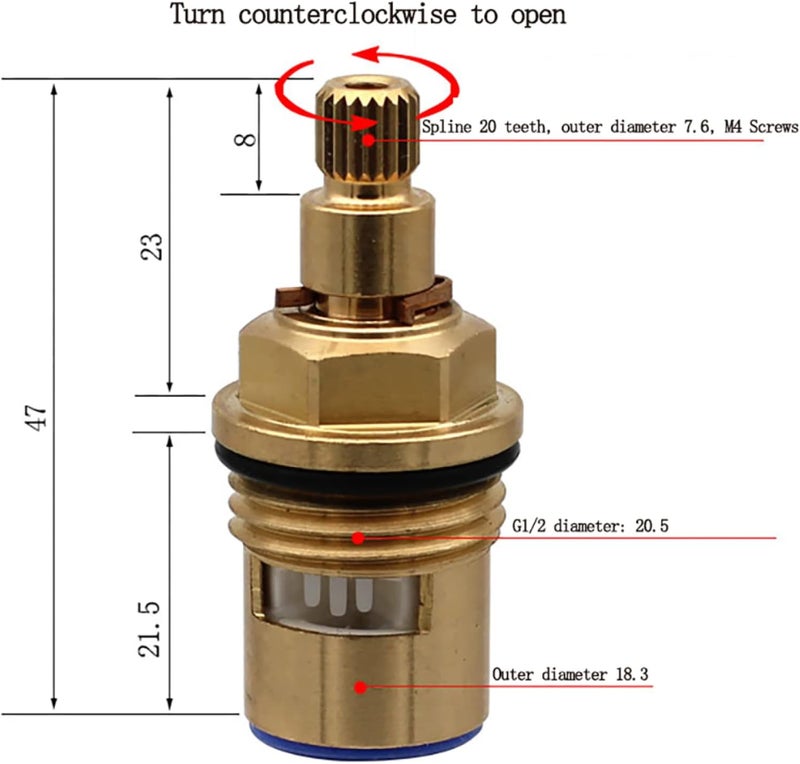 Replacement Faucet Valve, Tap Cartridge Replacement 20 Spline Brass Ceramic Disc Tap Cartridges Hot & Cold Tap Valves Ceramic Disc Taps for Bathroom Kitchen,Red (Color : Red) (Color : Blue)