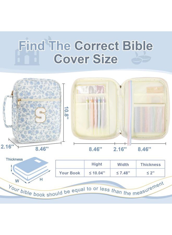 Iqimott Personalized Initial Bible Cover Case for Women Girls - Large Quilted Bible Case with Handle, Stylish Chenille Letter Bag Study Supplies, Perfect Christmas Gift for Women (Blue Flower-S) - Image 2