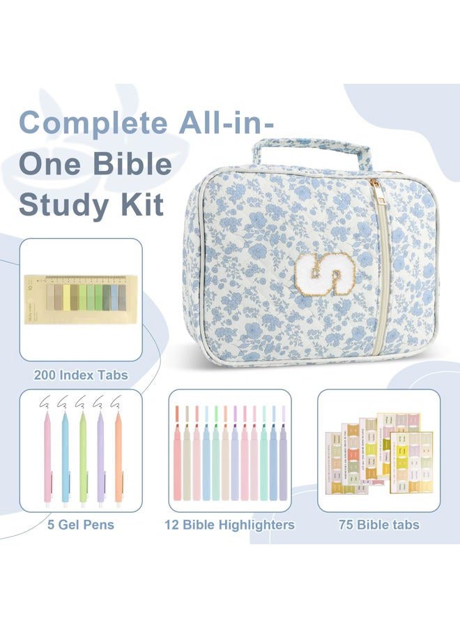 Iqimott Personalized Initial Bible Cover Case for Women Girls - Large Quilted Bible Case with Handle, Stylish Chenille Letter Bag Study Supplies, Perfect Christmas Gift for Women (Blue Flower-S) - Image 3