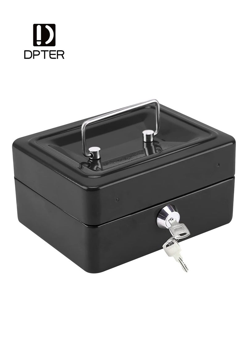 DPTER Steel Locking Cash Box with Key Lock (20 X 16 X 9 CM), Metal Small Money Organizer with Money Tray, Cash Storage Box with Lockable Cover, Portable Petty Cash Deposit Tin with Removable Change Tray , Black - Image 1