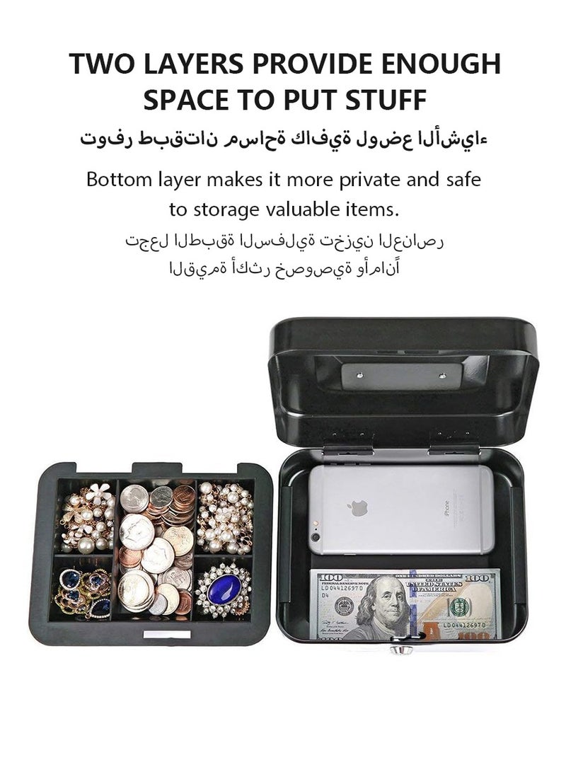 DPTER Steel Locking Cash Box with Key Lock (20 X 16 X 9 CM), Metal Small Money Organizer with Money Tray, Cash Storage Box with Lockable Cover, Portable Petty Cash Deposit Tin with Removable Change Tray , Black - Image 4