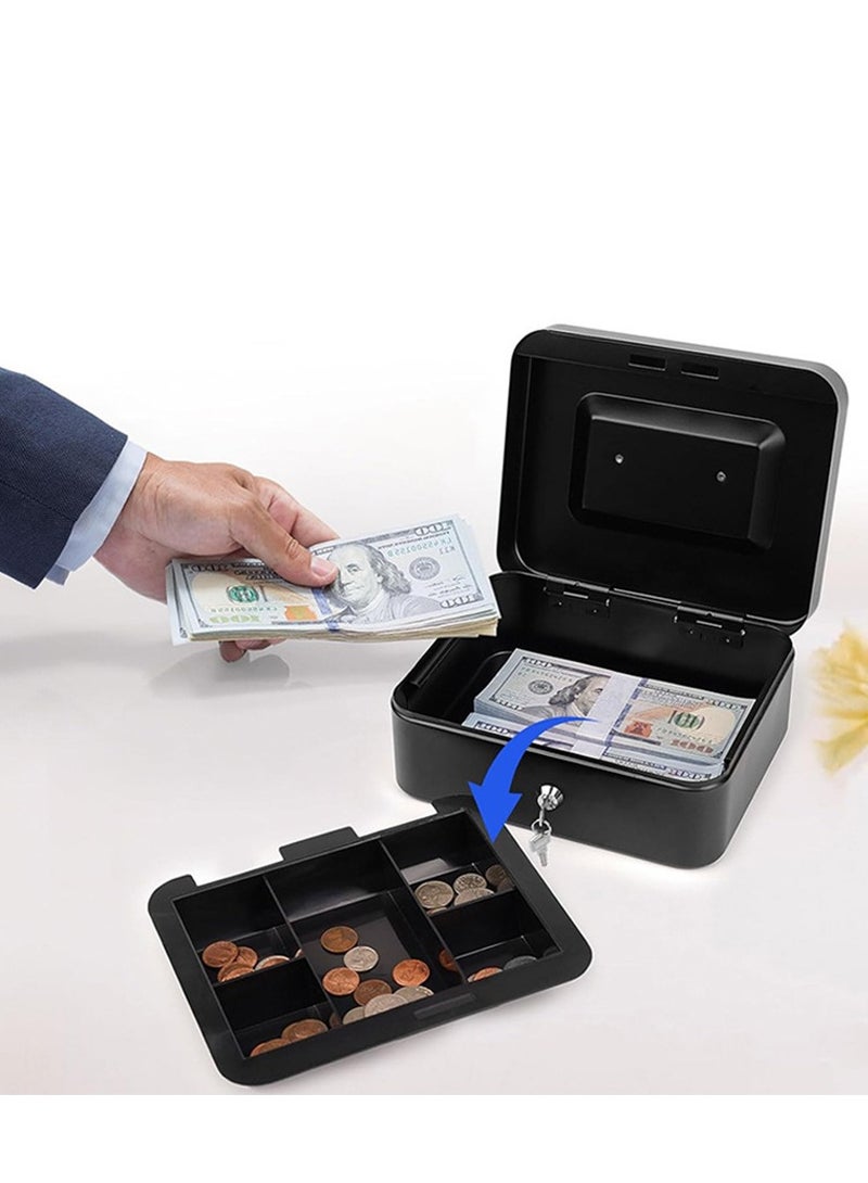 DPTER Steel Locking Cash Box with Key Lock (20 X 16 X 9 CM), Metal Small Money Organizer with Money Tray, Cash Storage Box with Lockable Cover, Portable Petty Cash Deposit Tin with Removable Change Tray , Black - Image 5