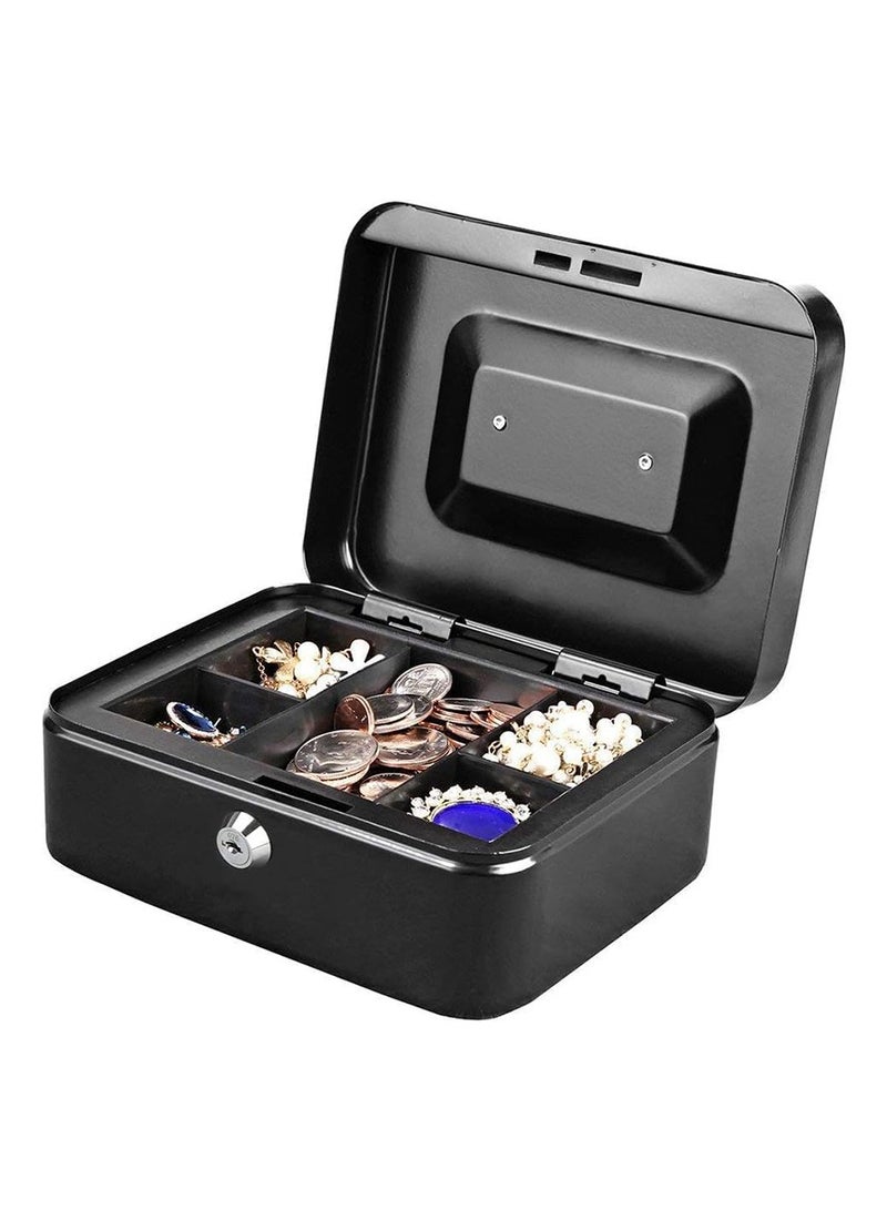 DPTER Steel Locking Cash Box with Key Lock (20 X 16 X 9 CM), Metal Small Money Organizer with Money Tray, Cash Storage Box with Lockable Cover, Portable Petty Cash Deposit Tin with Removable Change Tray , Black - Image 2