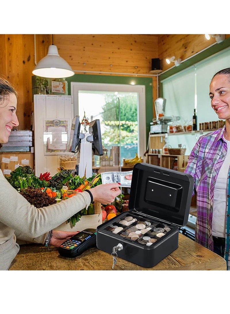 DPTER Steel Locking Cash Box with Key Lock (20 X 16 X 9 CM), Metal Small Money Organizer with Money Tray, Cash Storage Box with Lockable Cover, Portable Petty Cash Deposit Tin with Removable Change Tray , Black - Image 3