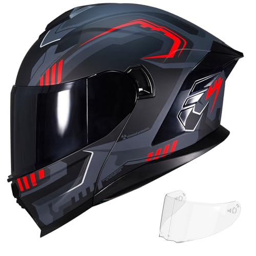 MXJ Gear Motorcycle Helmet,Motorcycle Dual Visor Flip up Modular Full Face Helmet JR-815,DOT Approved Motorbike Helmet with 2 Visors for Adults Men Women(L,Matte Red Evolve) - Image 1