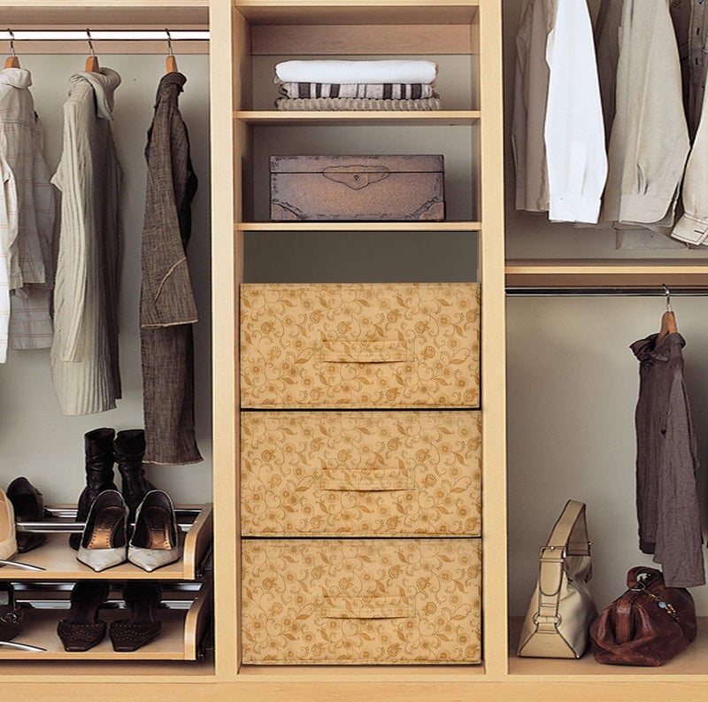 Kuber Industries Metalic Floral Print Non Woven Fabric 3Replacement Drawer Storage and Cloth Organizer Unit for Closet BeigeKUBMART3483 Standard - Image 2