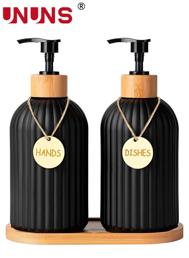 UNUNS Dish Soap Dispenser Set,400ml Glass Soap Dispenser With Bamboo Pump Tray,Refillable Reusable Soap Pump Dispenser Bottles For Bathroom And Kitchen  - Image 1