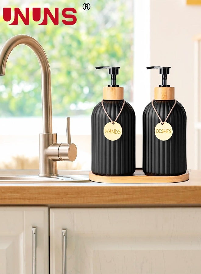 UNUNS Dish Soap Dispenser Set,400ml Glass Soap Dispenser With Bamboo Pump Tray,Refillable Reusable Soap Pump Dispenser Bottles For Bathroom And Kitchen  - Image 2
