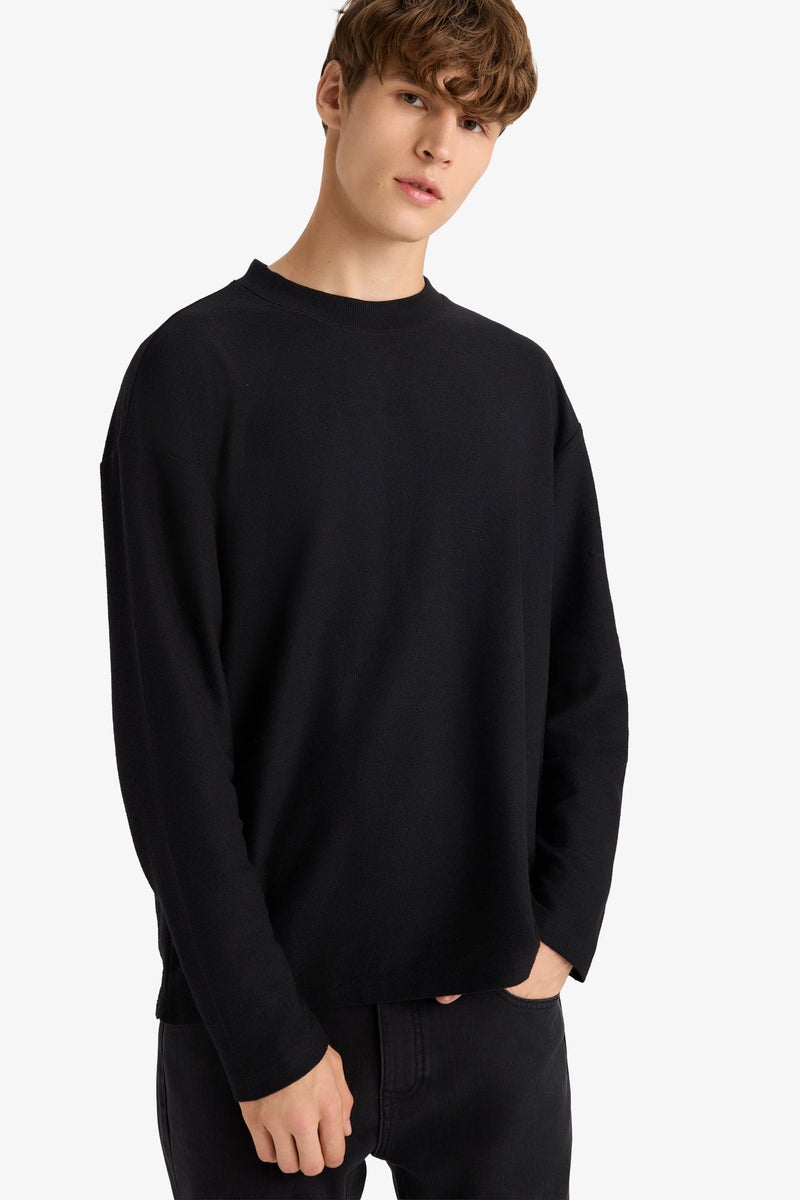 DeFacto Black Man Boxy Fit Crew Neck Long Sleeve Sweatshirt Casual - Image 1