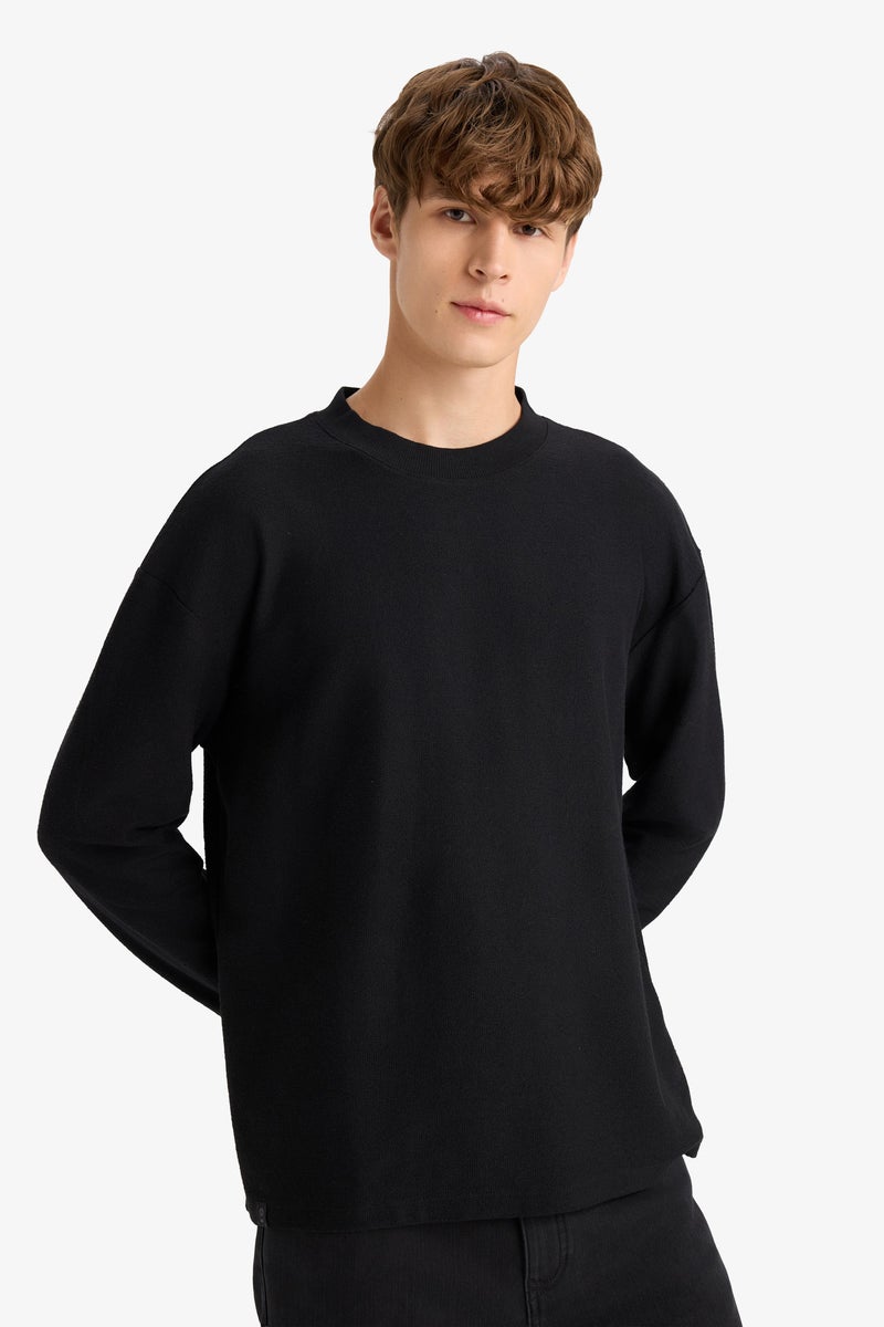 DeFacto Black Man Boxy Fit Crew Neck Long Sleeve Sweatshirt Casual - Image 4