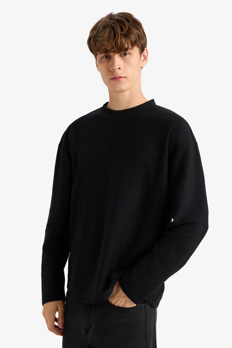 DeFacto Black Man Boxy Fit Crew Neck Long Sleeve Sweatshirt Casual - Image 5