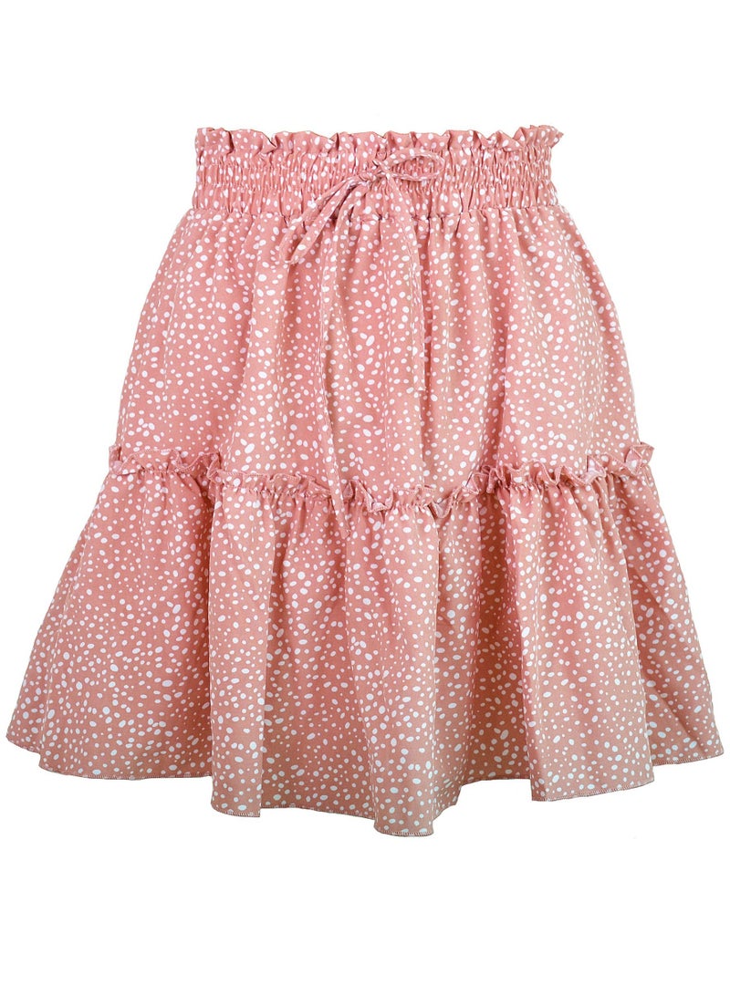 Loquat Women's Summer Cute High Waist Ruffle Skirt Polka Dot Print Swing Beach Mini Skirt Pink/White 
