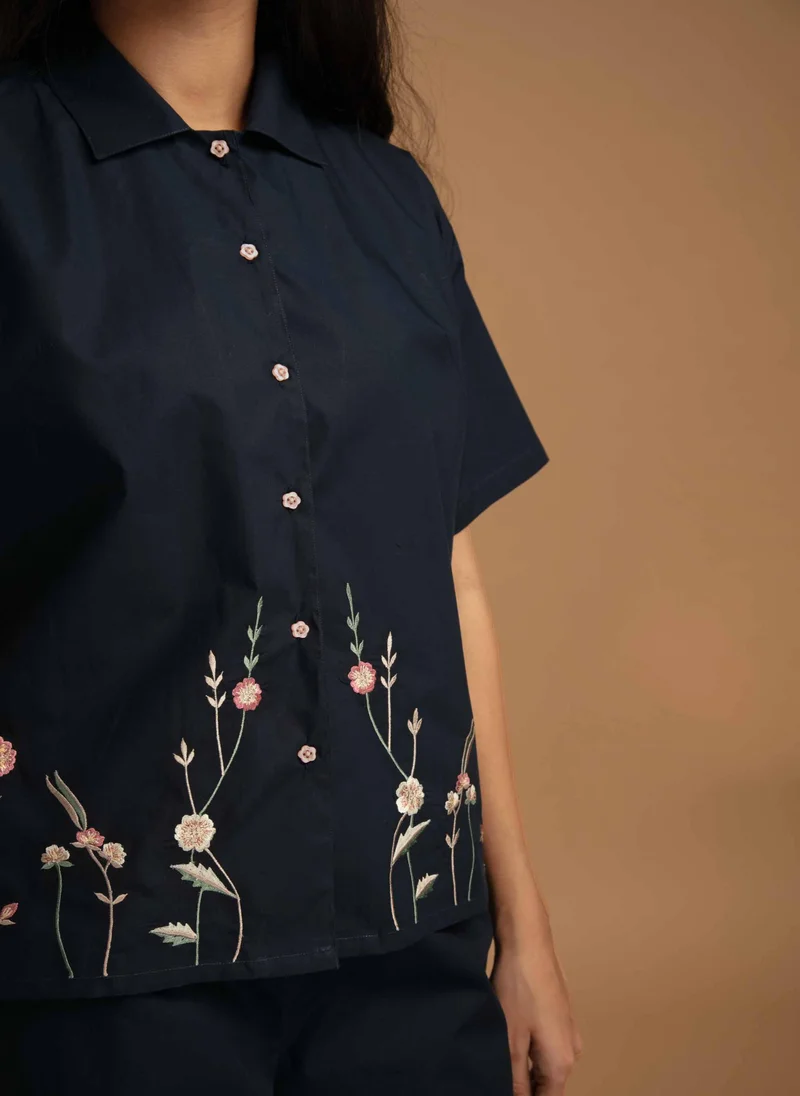 After Dark Gemma, Embroidered Cotton Pyjama Set with Collar