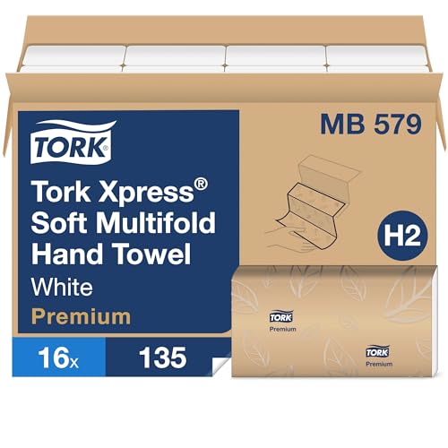 Tork Soft Xpress Multifold Paper Hand Towels White, H2 System Compatible 16 Packs X 135 Towels Each (MB579) - Image 1