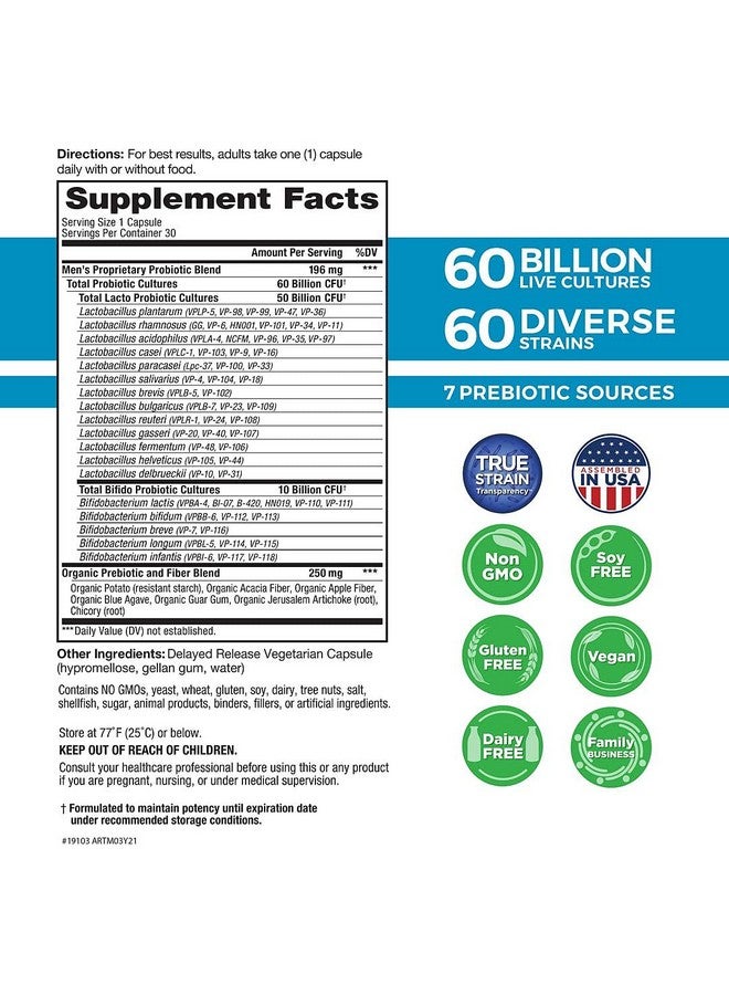 Vital Planet Vital Flora Men’S Daily Shelf Stable Probiotic Supplement With 60 Billion Cultures And 60 Strains Immune And Digestive Support Probiotics For Men With Prebiotic Fiber 30 Capsules - Image 3