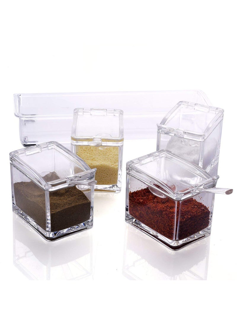 Lexazo Crystal Seasoning Box Kitchen Acrylic Transparent Spice Jar Box Case Set Storage Container Condiment Jars Dispenser for Salt Sugar Cruet with Cover and with Serving Spoons Set of 4