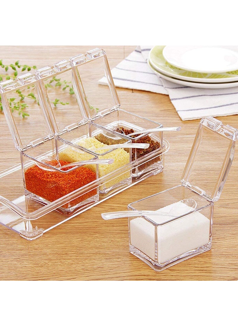 Lexazo Crystal Seasoning Box Kitchen Acrylic Transparent Spice Jar Box Case Set Storage Container Condiment Jars Dispenser for Salt Sugar Cruet with Cover and with Serving Spoons Set of 4