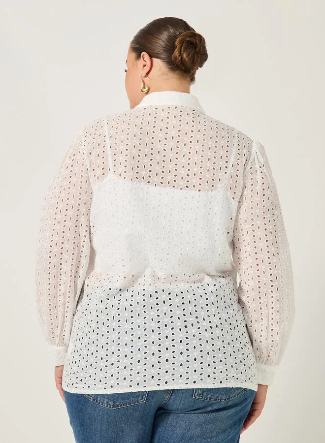 Styli Plus Size Balloon Sleeve Schiffli Shirt