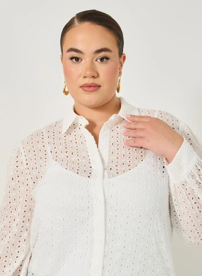 Styli Plus Size Balloon Sleeve Schiffli Shirt