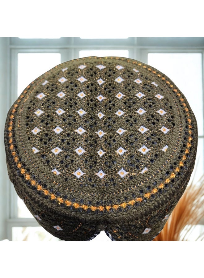 MIRFA Traditional Sindhi Cap Topi Kufi Handmade Woven Embroidery Use By Sindhis in Pakistan Essential Part Of Saraiki And Balochi Culture (ST02.9 - Olive Green) - Image 1