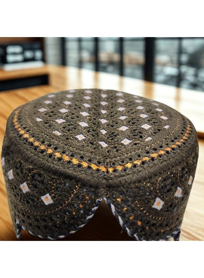MIRFA Traditional Sindhi Cap Topi Kufi Handmade Woven Embroidery Use By Sindhis in Pakistan Essential Part Of Saraiki And Balochi Culture (ST02.9 - Olive Green) - Image 2
