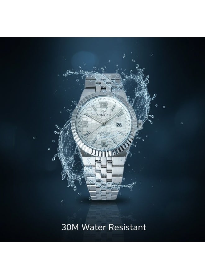 TOMRICH Royal Hive Men’s Analog Watch Stainless Steel Silver Bracelet with Date Display 30M Water Resistant - Image 3