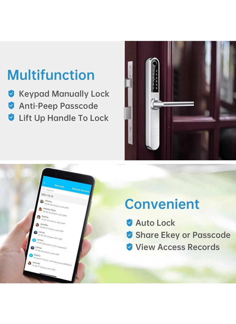 AROAQ - Slim Smart Fingerprint Door Lock with Handles Keyless Entry, Bluetooth Fingerprint Keypad, Card and Keyless Unlock for Aluminum and Wooden Doors - Image 1