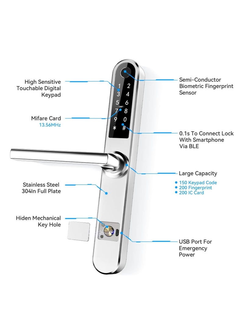 AROAQ - Slim Smart Fingerprint Door Lock with Handles Keyless Entry, Bluetooth Fingerprint Keypad, Card and Keyless Unlock for Aluminum and Wooden Doors - Image 1