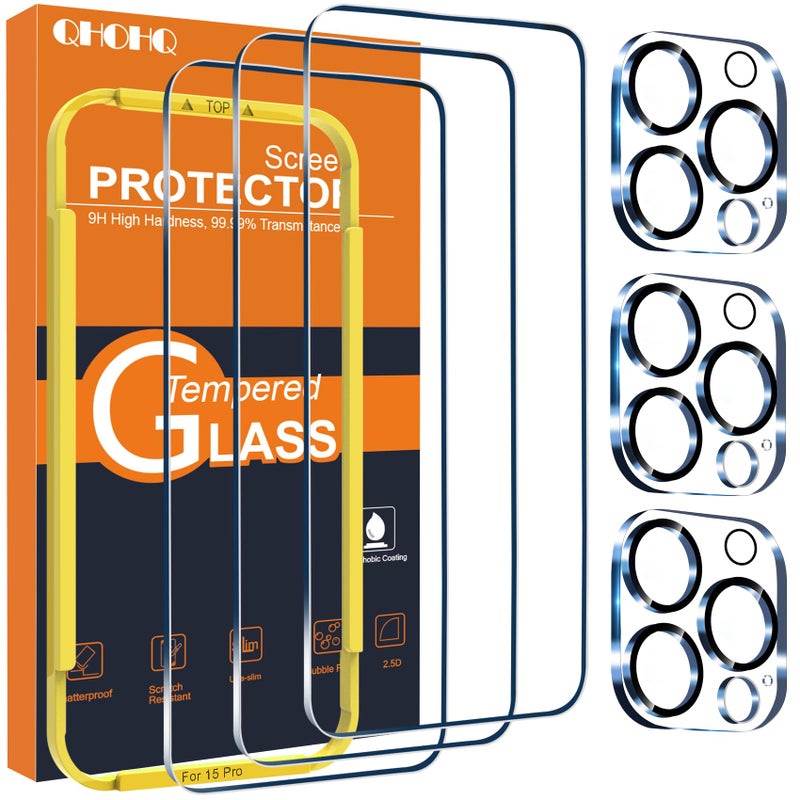 QHOHQ 3 Pack Screen Protector for iPhone 15 Pro [6.1 Inch] with 3 Pack Camera Lens Protector, Tempered Glass Film, HD Clear, 9H Hardness, No Bubbles, Case Friendly - Image 1