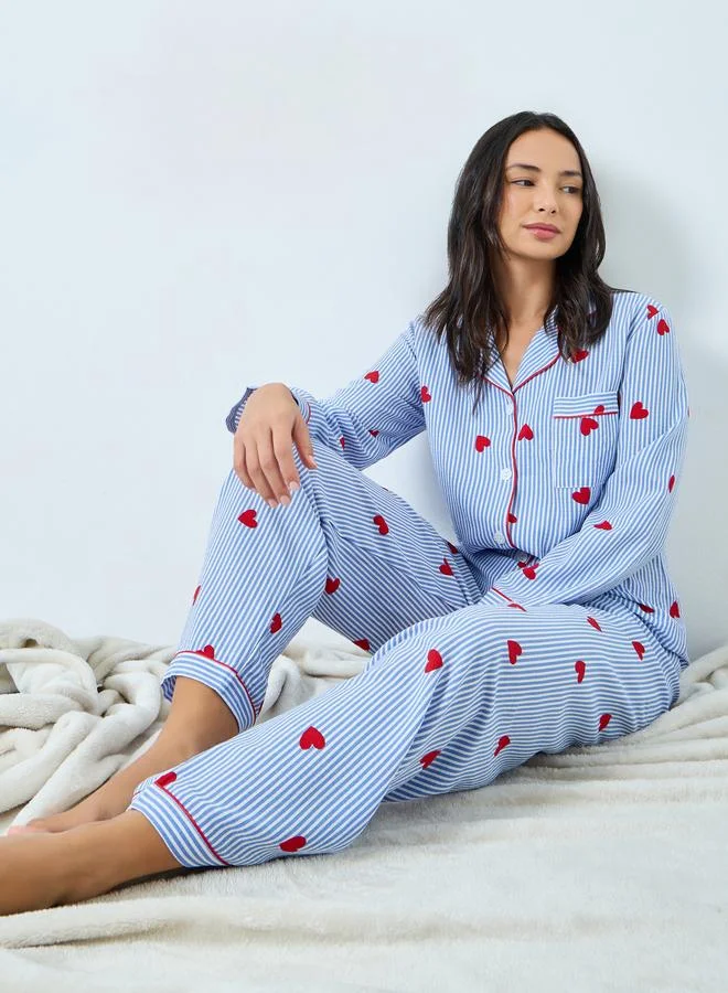 Take Two Blue Heart Striped Print Shirt and Pyjama Set