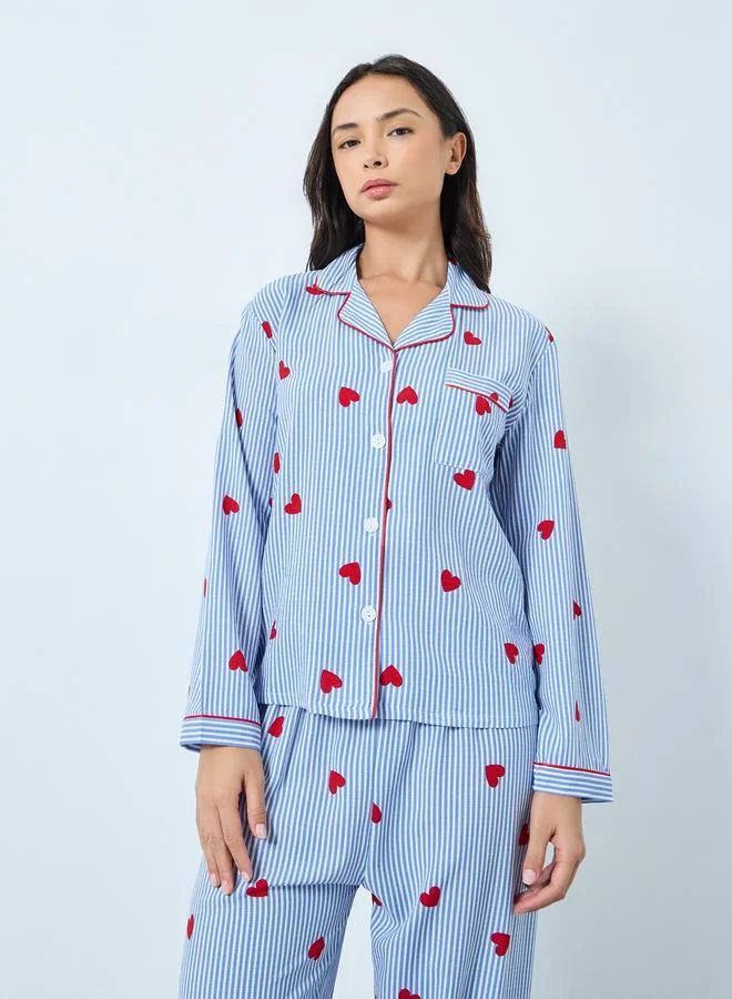 Take Two Blue Heart Striped Print Shirt and Pyjama Set