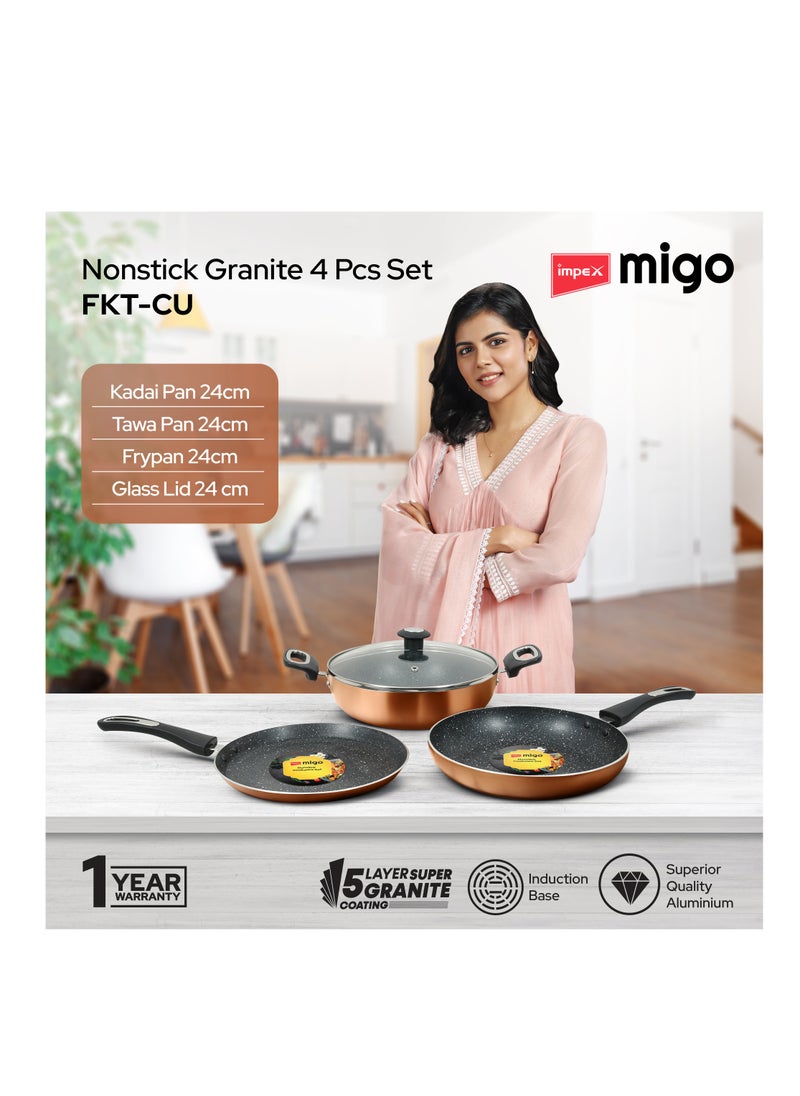 Impex 4-Piece Non Stick Aluminium Cookware Set | 5-Layer Granite Coating |Heatproof Handles & Anti-Skid Glass Lid| Quick Heating Induction Base | PFOA-Free | Heat Resistant Exterior Paint  - Image 2
