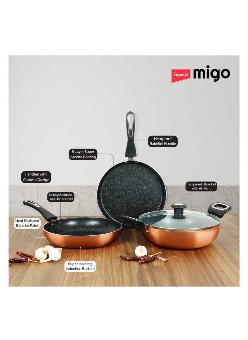 Impex 4-Piece Non Stick Aluminium Cookware Set | 5-Layer Granite Coating |Heatproof Handles & Anti-Skid Glass Lid| Quick Heating Induction Base | PFOA-Free | Heat Resistant Exterior Paint  - Image 3