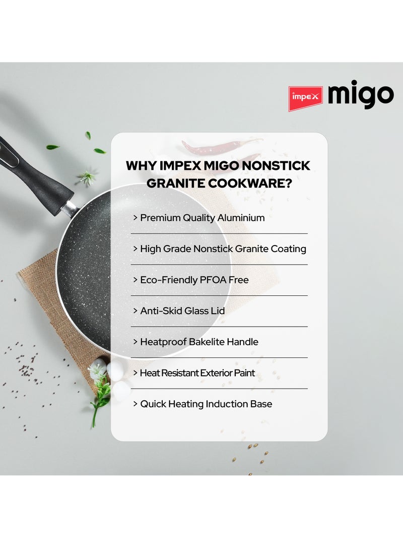 4-Piece Non Stick Aluminium Cookware Set | 5-Layer Granite Coating |Heatproof Handles & Anti-Skid Glass Lid| Quick Heating Induction Base | PFOA-Free | Heat Resistant Exterior Paint