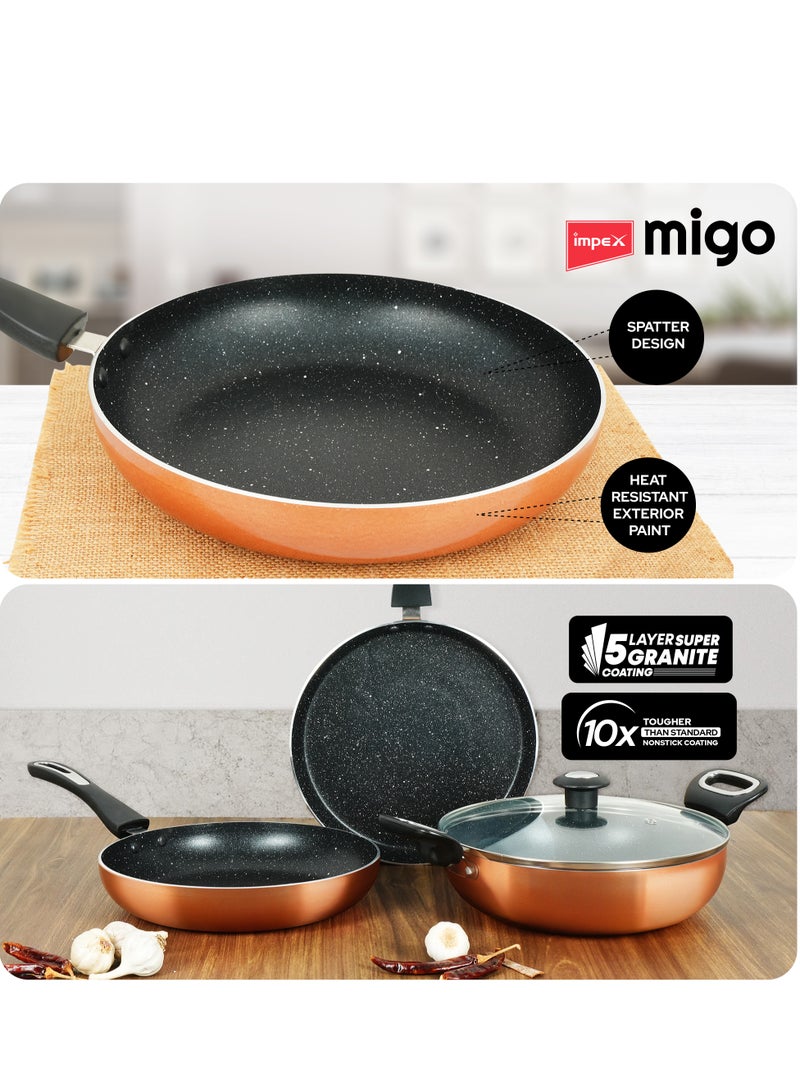 4-Piece Non Stick Aluminium Cookware Set | 5-Layer Granite Coating |Heatproof Handles & Anti-Skid Glass Lid| Quick Heating Induction Base | PFOA-Free | Heat Resistant Exterior Paint